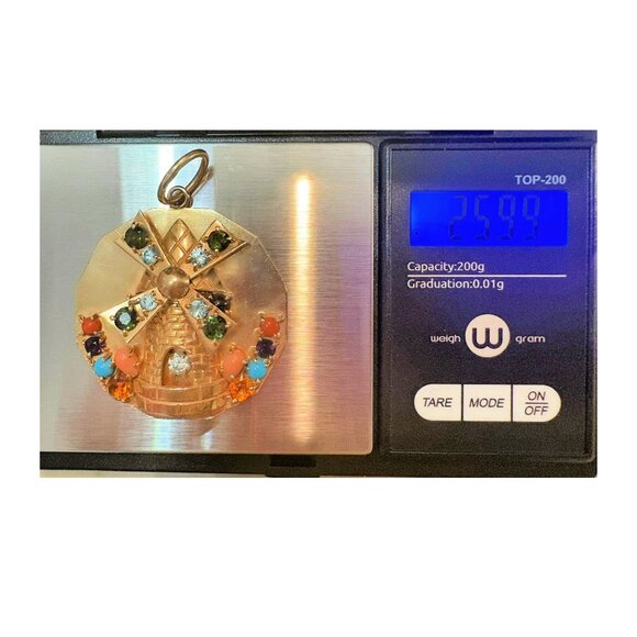 Rare Vintage Brushed 14K Gold Gemstone Windmill Pendant for Necklace - Picture 2 of 6